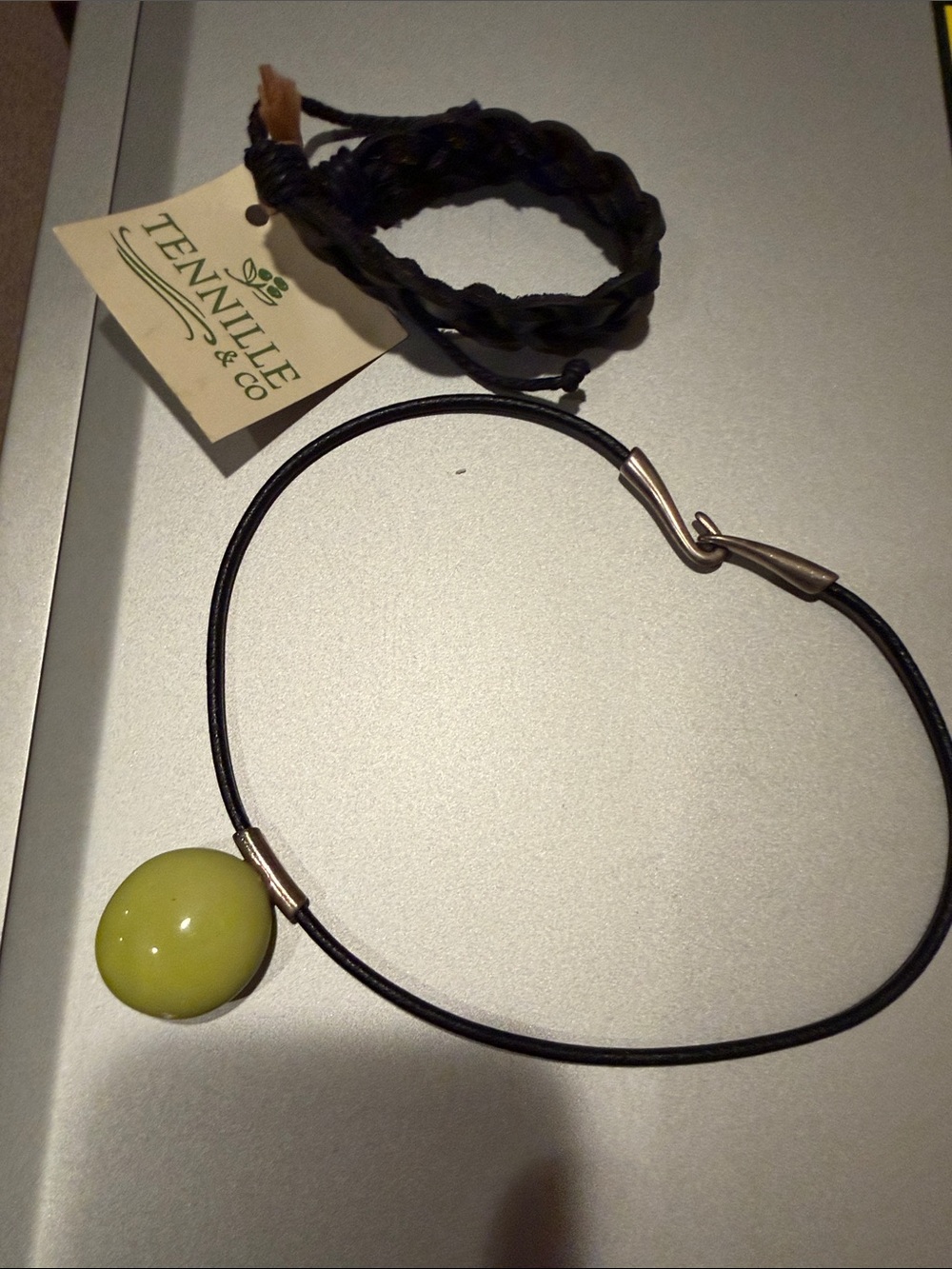Green Glass Pendant Necklace - Black Cord Black leather bracelet